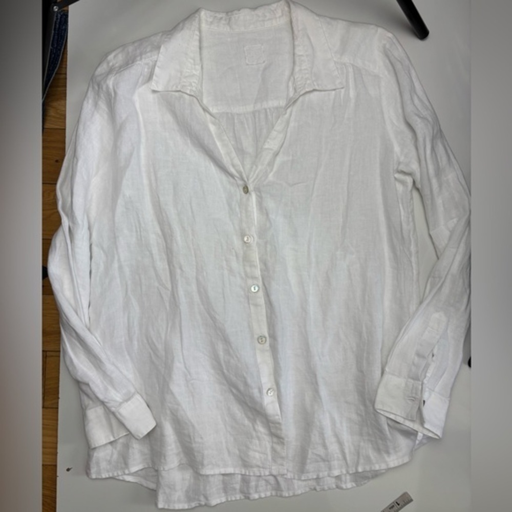 120% lino‎ white linen button front shirt